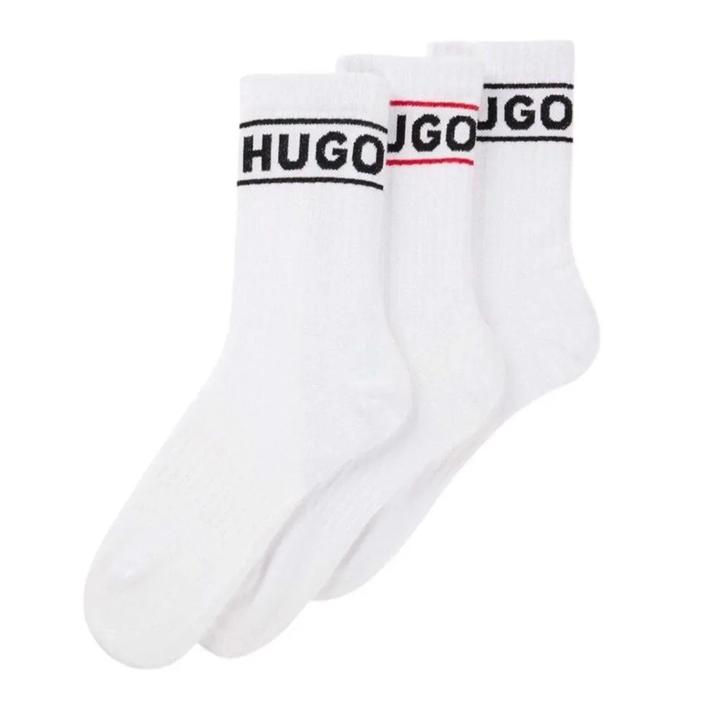 Hugo Mens Qsrib Sporty Lettering Crew Socks (Pack of 3) / White